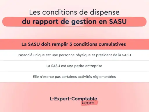 Les conditions de dispense du rapport de gestion en SASU : l'associé unique est une personne physique, la SASU est une petite entreprise et n'exerce pas d'activités réglementées.