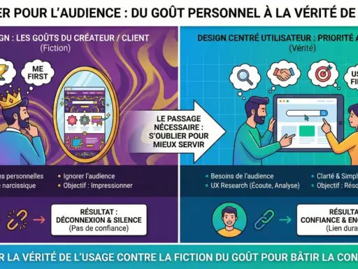 Comparaison entre l'ego-design (fiction) et le design centré utilisateur (vérité) pour la structure d'une page web. Le premier mène à la déconnexion, le second à la confiance.