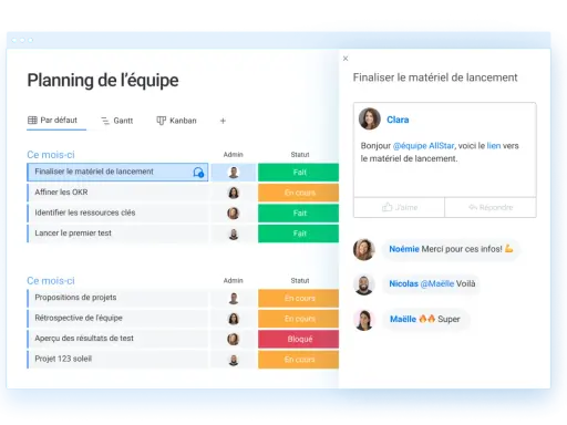 Tableau de planification d'équipe. Un exemple de note de cadrage pour "Finaliser le matériel de lancement" est visible, avec des statuts "Fait" et "En cours".