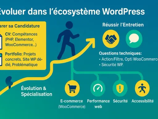 Guide pour évoluer dans l'écosystème WordPress : CV, portfolio, entretien, et spécialisations comme le webmaster WordPress.