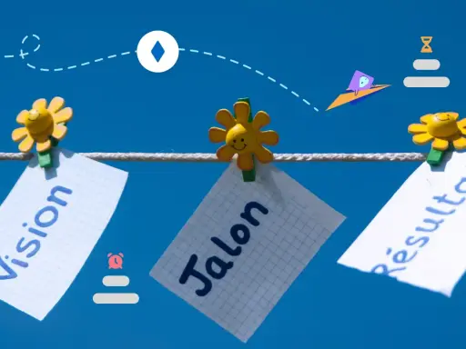 Des notes "Vision", "Jalon" et "Résultat" sont accrochées sur une corde, symbolisant les jalons d'un projet informatique.