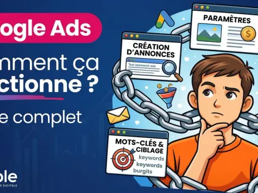 Un jeune homme réfléchit aux étapes d'une campagne intelligente Google Ads : création d'annonces, mots-clés, paramètres et suivi.