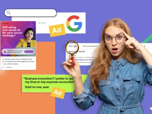 Une jeune femme perplexe examine des exemples de Google Ads, dont une publicité Hootsuite et des résultats sponsorisés pour la location de voitures.