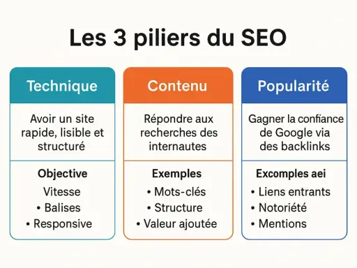 Les 3 piliers du SEO : Technique, Contenu (avec mots-clés pour le referencement Google) et Popularité.