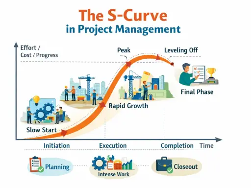 Graphique illustrant la courbe en s de la gestion de projet, du démarrage lent à la phase finale avec succès.