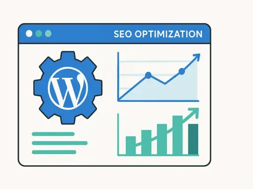 Icône WordPress et graphiques montrant l'optimisation SEO. Un outil pour booster votre visibilité en ligne.