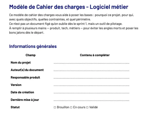 Modèle de cahier des charges pour un logiciel métier, avec champs pour les informations générales du projet.