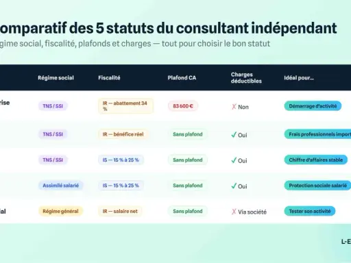 Tableau comparatif des statuts pour devenir consultant indépendant : micro-entreprise, régime réel, EURL, SASU, portage salarial. Aide au choix du statut.