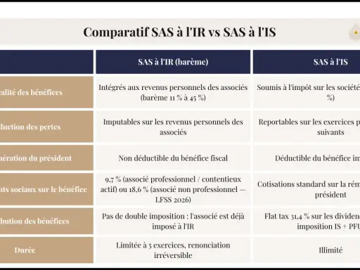 Tableau comparatif SAS à l'IR vs SAS à l'IS : fiscalité, pertes, rémunération, prélèvements sociaux, distribution des bénéfices et durée.