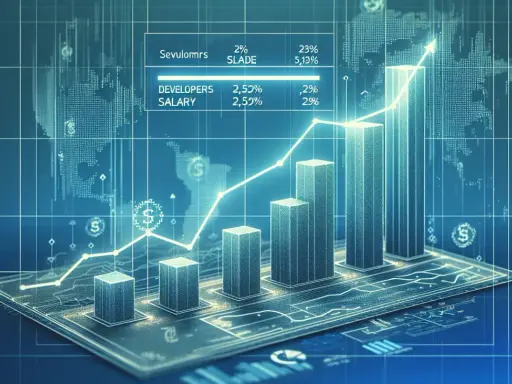 Graphique montrant une tendance à la hausse, avec des barres et une ligne de tendance. Il affiche des données sur le salaire des développeurs, suggérant une augmentation du salaire informaticien bac+5.