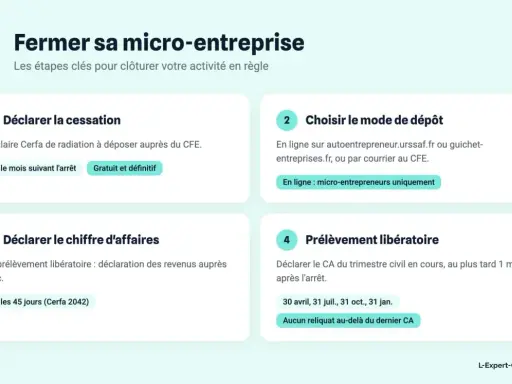 Les étapes pour fermer sa micro-entreprise : déclarer la cessation, choisir le mode de dépôt, déclarer le chiffre d'affaires et le prélèvement libératoire.