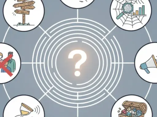 Schéma visuel représentant une analyse de la demande, avec des icônes : panneau directionnel, groupe de personnes barré, sablier, coffre au trésor, mégaphone, toile d'araignée avec loupe, et un point d'interrogation central.