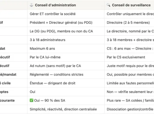 Tableau comparant le conseil d'administration et le conseil de surveillance, leurs rôles, compositions et mandats. Le conseil de surveillance supervise le directoire.