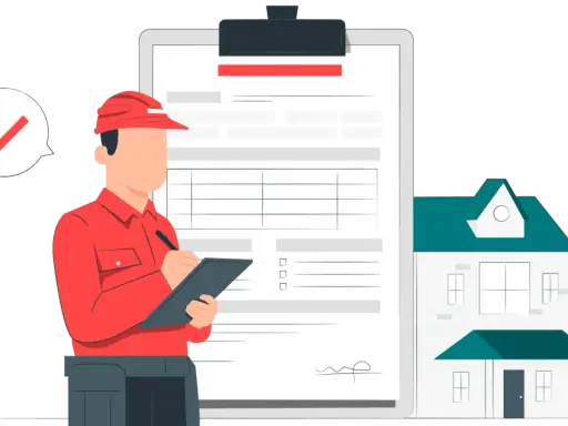 Un homme en uniforme rouge prépare les documents pour ouvrir une conciergerie. Une maison est à côté, symbolisant le service.