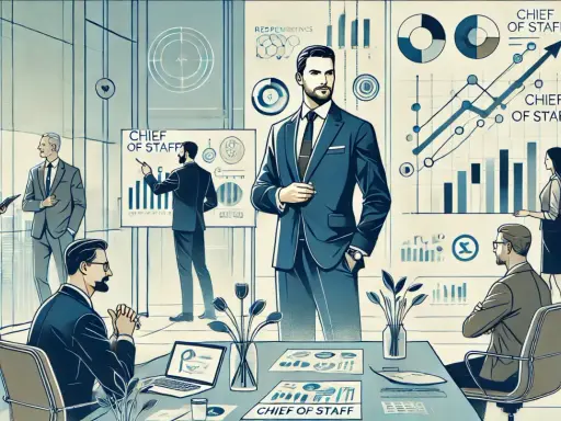 Une équipe discute de stratégies devant des graphiques. Le chief of staff, au centre, semble diriger la réunion.