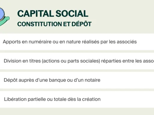 Capital social : apports, division en titres, dépôt bancaire et libération. Informations clés pour la constitution d'une SARL.