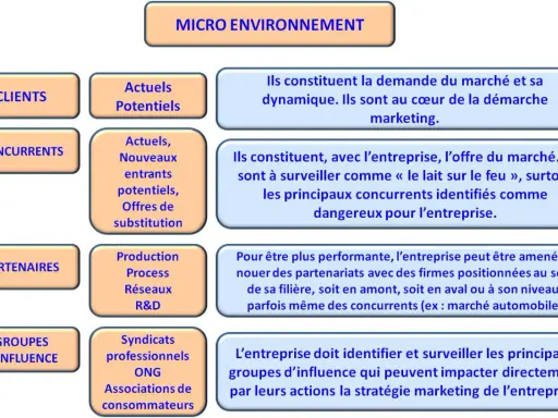 Schéma du micro environnement : clients, concurrents, partenaires, groupes d'influence. Chaque élément est défini.