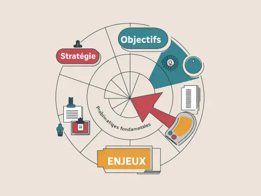 Schéma illustrant la différence entre enjeux et objectifs. Une flèche rouge pointe vers les objectifs, issus de la stratégie et des problématiques fondamentales.