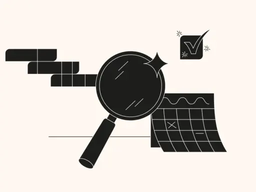 Loupe examinant un calendrier et des blocs, symbolisant la définition du périmètre d'un projet et la planification des tâches.