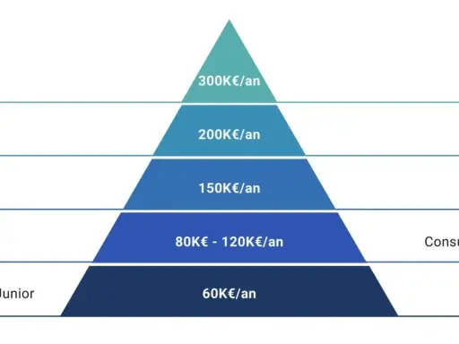 Pyramide des salaires d'un consultant en gestion de projet : Junior (60K€), Senior (80-120K€), Manager (150K€), Principal (200K€), Partner (300K€).