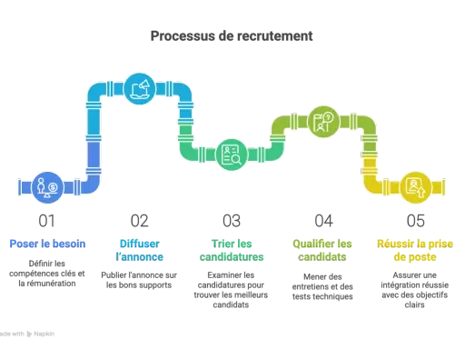 Schéma du processus de recrutement : définir le besoin, diffuser l'annonce, trier les candidatures, qualifier les candidats et réussir la prise de poste. Idéal pour un recrutement développeur web.