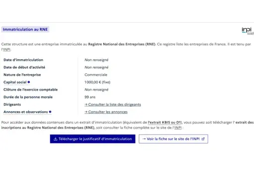 Extrait RNE : informations sur une entreprise immatriculée au Registre National des Entreprises. Détails sur la nature, le capital et la durée de la personne morale.