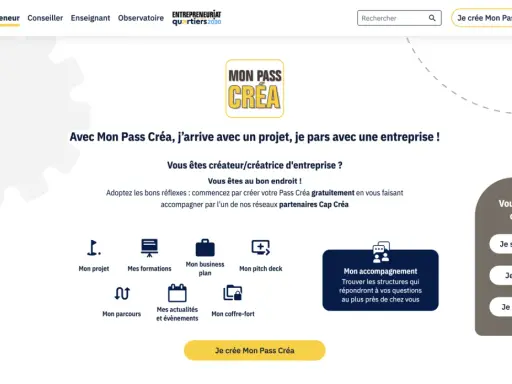 Page d'accueil Mon Pass Créa pour la création d'entreprise. Aide à la reprise d'entreprise et à la création.