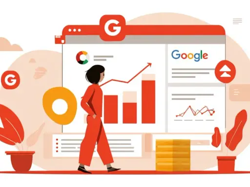 Une personne analyse les données d'une campagne search Google Ads, avec des graphiques montrant une croissance.