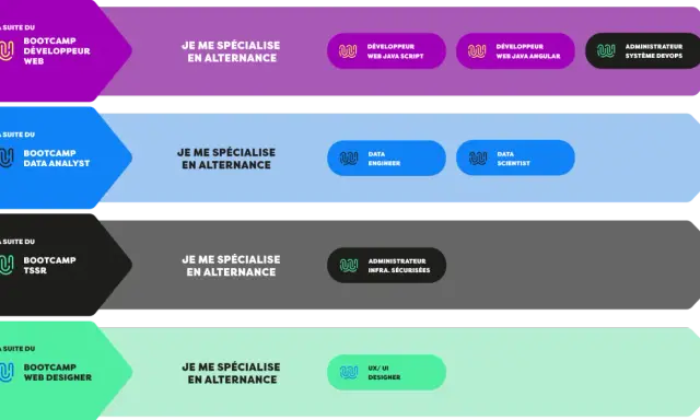 Parcours de formation en ligne : après un bootcamp Data Analyst, spécialisez-vous en alternance en Data Engineer ou Data Scientist.