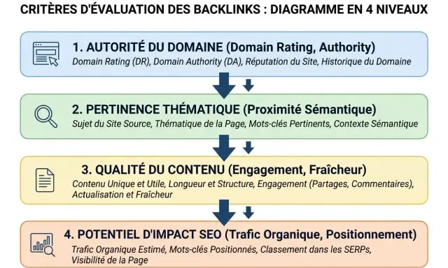 Diagramme en 4 niveaux pour évaluer un backlink de qualité : autorité, pertinence thématique, qualité du contenu et potentiel SEO.