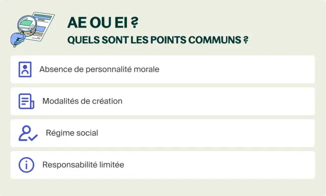 Points communs entre AE et EI : absence de personnalité morale, modalités de création, régime social, responsabilité limitée. L'avantage entreprise individuelle est ici détaillé.