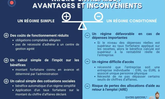Avantage micro entreprise : régime simple avec coûts réduits et calculs simplifiés, mais régime conditionné avec dépenses importantes et accès difficile.