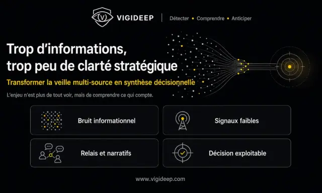 VIGIDEEP transforme la veille multi-source en synthèse décisionnelle. L'image illustre ce type de veille avec des concepts comme "Bruit informationnel", "Signaux faibles", "Relais et narratifs" et "Décision exploitable".