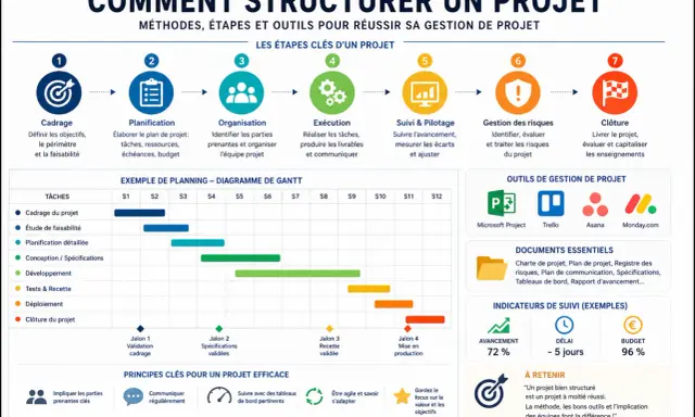 Un modèle de plan de projet illustre les 7 étapes clés, un diagramme de Gantt, des outils et des principes pour une gestion de projet réussie.