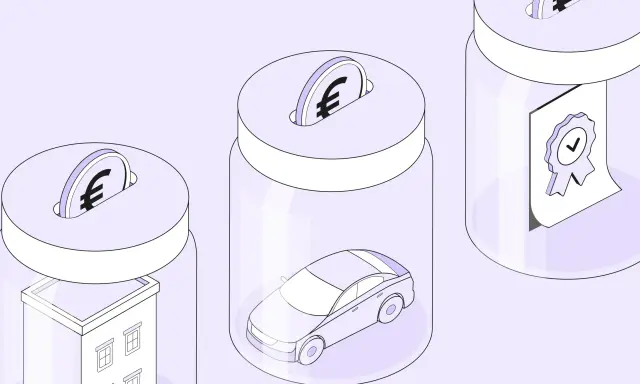 Trois bocaux transparents symbolisent des objectifs : un bâtiment, une voiture, un certificat. Des pièces euro tombent dans les deux premiers, suggérant l'épargne pour des projets. Le commissaire aux apports SAS veille.