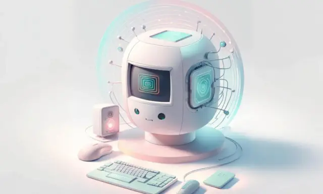 Un ordinateur au design futuriste, entouré d'accessoires, symbolise un expert en communication digitale.