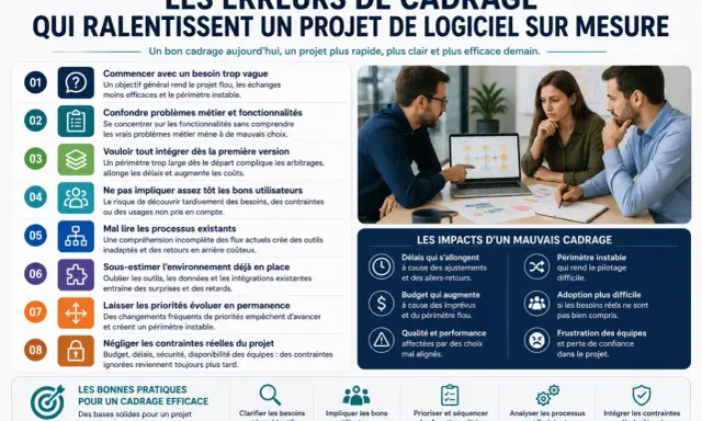 Un plan de test bien défini est crucial. L'image montre des erreurs de cadrage qui ralentissent un projet logiciel, avec des impacts sur les délais et le budget.