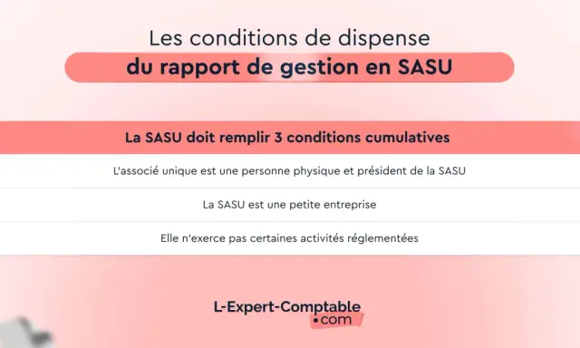 Les conditions de dispense du rapport de gestion en SASU : l'associé unique est une personne physique, la SASU est une petite entreprise et n'exerce pas d'activités réglementées.