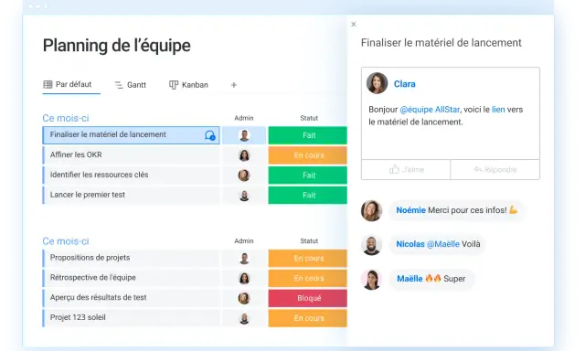 Tableau de planification d'équipe. Un exemple de note de cadrage pour "Finaliser le matériel de lancement" est visible, avec des statuts "Fait" et "En cours".