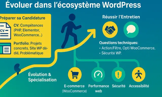 Guide pour évoluer dans l'écosystème WordPress : CV, portfolio, entretien, et spécialisations comme le webmaster WordPress.