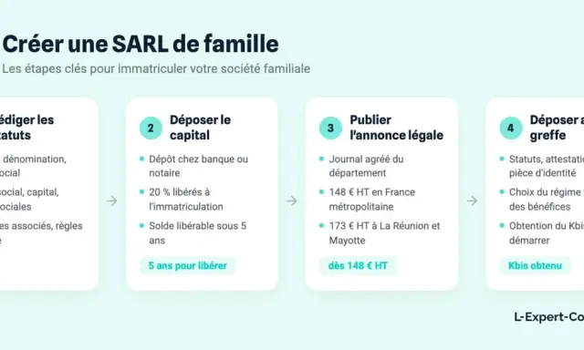 Les étapes pour créer une SARL de famille : rédaction des statuts, dépôt du capital, publication de l'annonce légale et dépôt au greffe.