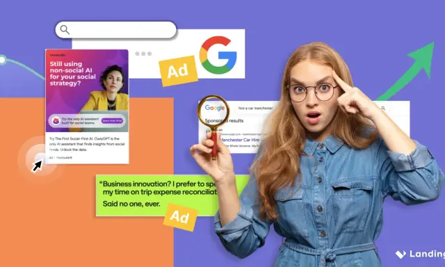 Une jeune femme perplexe examine des exemples de Google Ads, dont une publicité Hootsuite et des résultats sponsorisés pour la location de voitures.