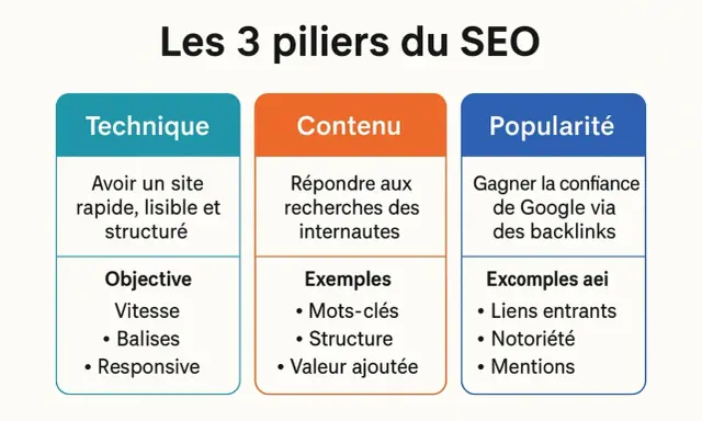 Les 3 piliers du SEO : Technique, Contenu (avec mots-clés pour le referencement Google) et Popularité.