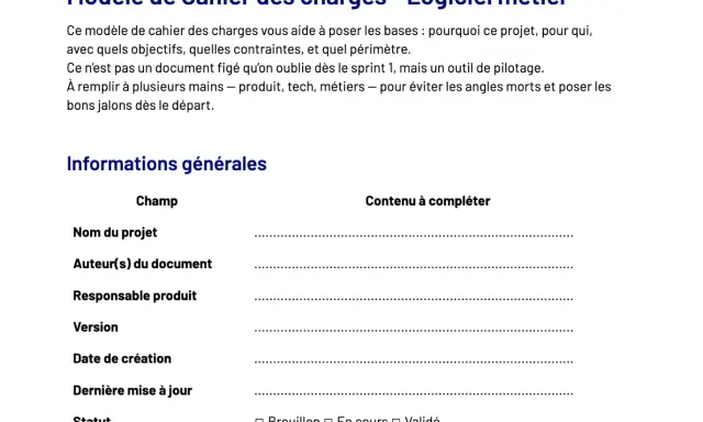 Modèle de cahier des charges pour un logiciel métier, avec champs pour les informations générales du projet.