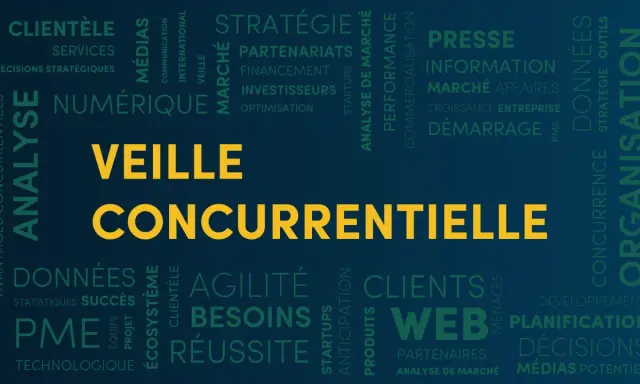 Nuage de mots sur la veille concurrentielle, incluant des termes comme analyse, stratégie, marché, données, organisation et clients.