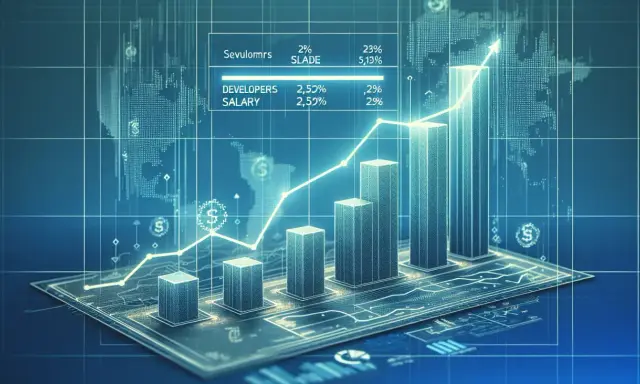 Graphique montrant une tendance à la hausse, avec des barres et une ligne de tendance. Il affiche des données sur le salaire des développeurs, suggérant une augmentation du salaire informaticien bac+5.