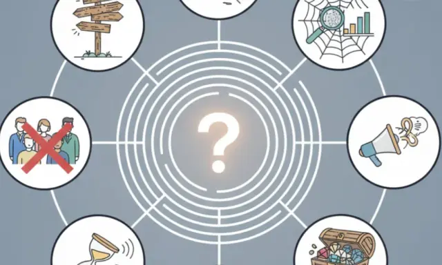 Schéma visuel représentant une analyse de la demande, avec des icônes : panneau directionnel, groupe de personnes barré, sablier, coffre au trésor, mégaphone, toile d'araignée avec loupe, et un point d'interrogation central.