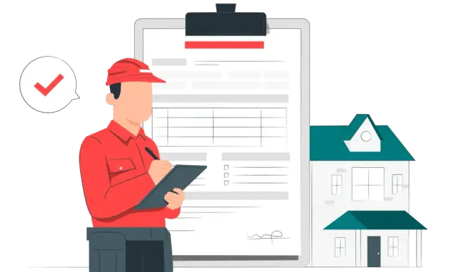 Un homme en uniforme rouge prépare les documents pour ouvrir une conciergerie. Une maison est à côté, symbolisant le service.