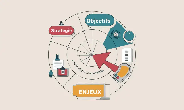 Schéma illustrant la différence entre enjeux et objectifs. Une flèche rouge pointe vers les objectifs, issus de la stratégie et des problématiques fondamentales.