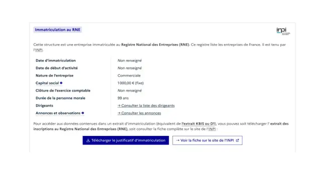 Extrait RNE : informations sur une entreprise immatriculée au Registre National des Entreprises. Détails sur la nature, le capital et la durée de la personne morale.